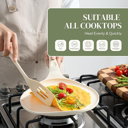 Redchef Crepe Pan Nonstick, 10 Inch Ceramic Flat Skillet Pan for Roti Dosa Tawa Comal Para Tortillas Pancake Pan for Stove Top, Induction Compatible, PFAS/PFOA/PTFE Free(Beige White)