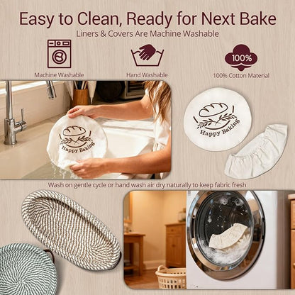 Banneton Bread Basket, 9" Round and 10" Oval Bread Proofing Basket Set with Cotton Liners and Covers, Bread Basket Proofing Bowl Ideal for Sourdough Starter and Artisan Loaf Baking