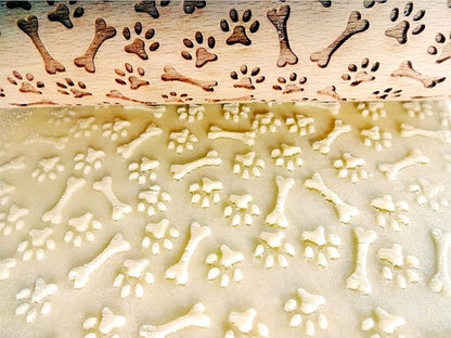 PAW and BONE EMBOSSING ROLLING PIN LASER ENGRAVED PATTERN with PAWS and BONES for EMBOSSED COOKIES or PASTA