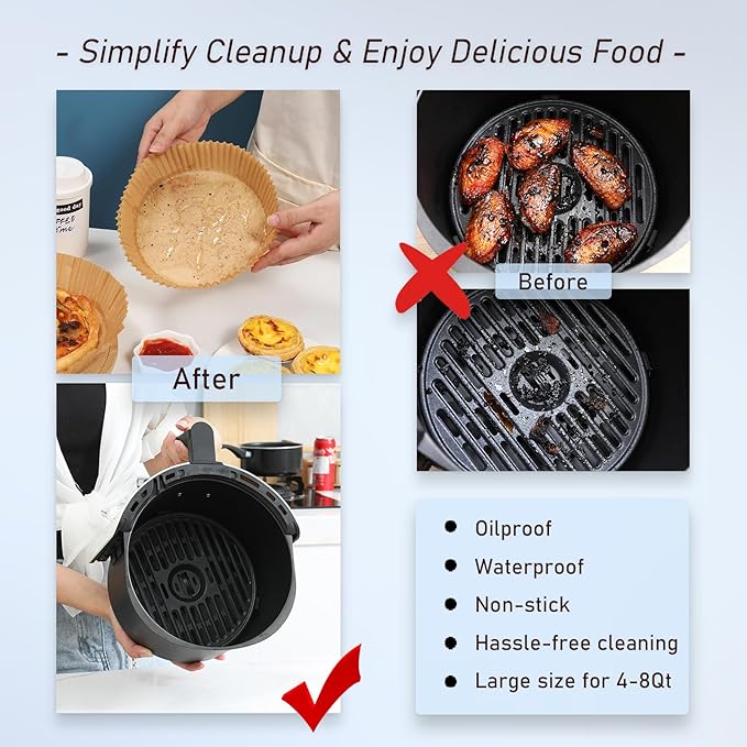 200PCS Air Fryer Paper Liners, Disposable Non-Stick Air Fryer Parchment Paper Fit 4-8QT Air fryer Basket Oil Resistant, Waterproof Baking Paper Roasting Microwave (Round,8 Inch)