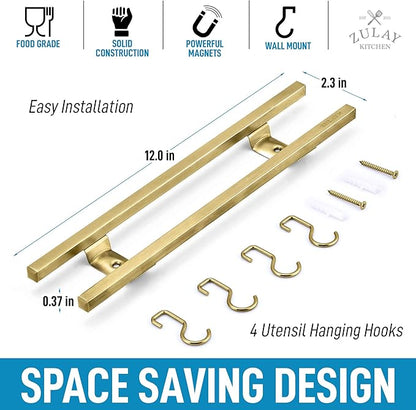 Zulay (12 Inch) Stainless Steel Magnetic Knife Holder For Wall - Powerful Knife Magnetic Strip With Extra Hanging Hooks - Wall Mount Magnetic Knife Strip & Organizer For Kitchen & Tools (Gold)