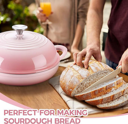 E-far Dutch Oven for Sourdough Bread Baking, 6 Qt Round Enameled Cast Iron Dutch Oven for Homemade Artisan Bread, Dome Lid & Shallow Base, Matte Black Interior & Durable, Oven-Safe to 500℉, Pink
