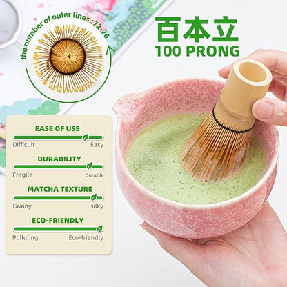 TEANAGOO Matcha Whisk Set,7 Pcs Matcha Set Pink,Ceremony Matcha Kit,Matcha Tea Set for Making Latte,Ceramic Bowl(chawan) whith Spout and Whisk,Gift for Matcha Lovers