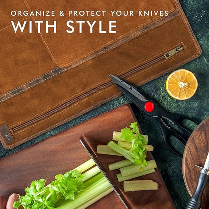 ELIZO Leather Knife Roll Bag Professional Chef Knife Case, Durable Knife Sheath Holder, Cooks & Culinary Tools Carrying Storage, Portable Knife Wrap - 4 Slots (Saddle)