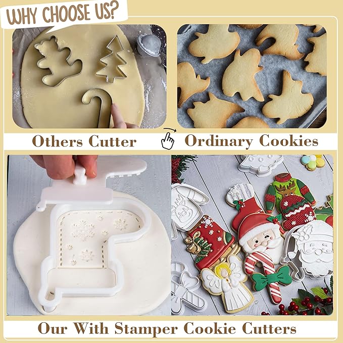 Flycalf Christmas Cookie Cutters with Plunger Stamps Gingerbread House Shapes Fall Holiday PLA Baking Accessories Cutter Molds Gifts for Kids Decorative Party 3.5" Kitchen Cake Supplies