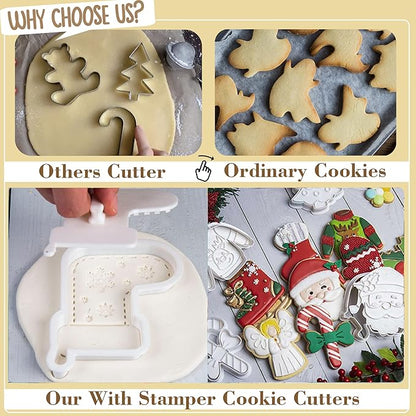 Flycalf Christmas Cookie Cutters for Kids Baking with Stamper Stencil 3D Cake Decorating Pastry Kitchen Mold Supplies Christmas Shapes Holiday Birthday Party Biscuit Fondant Tools