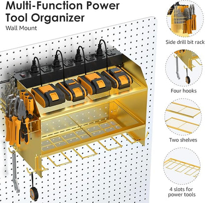 CCCEI Modular Power Tool Organizer Wall Mount with Charging Station. Garage Drill Storage Shelf with Hooks, Heavy Duty Rack, Tool Battery Holder Built in 8 Outlet. Gift for Men. Glod, 1 Pack.