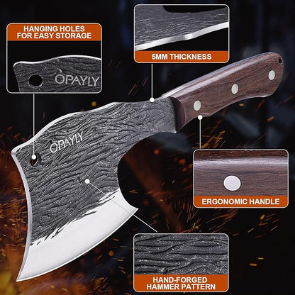 Heavy-Duty Bone Chopper Knife Hand Forged Meat Cutting with Cover Meat Bone Cleaver Knife High Carbon meat knife for Kitchen Outdoor Camping BBQ men gifts