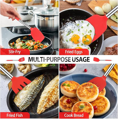 Pack of 4 Large Silicone Cooking Spatulas and Spoons, Slotted and Solid Stainless Steel Cooking Utensils Set, Non-stick Heat Resistant Kitchen for Baking, Fried, Stir-Fry, Mixing, Serving (Red)