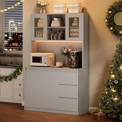 Garvee Kitchen Pantry Cabinet,71 in Tall Storage Cabinet with Doors&Shelves Adjustable, Kitchen Storage Hutch with Microwave Shelf, Led Lights&Charging Station,Corner Pantry Cabinet