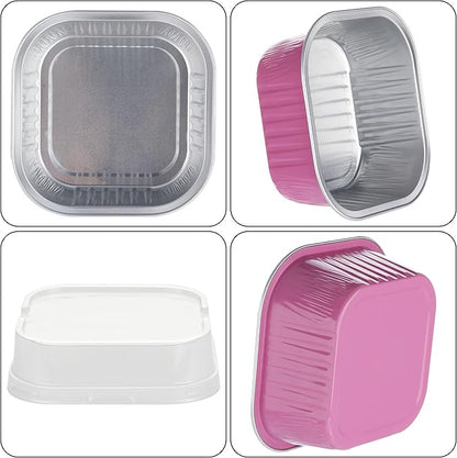 Mini Square Cake Pans with Lids，BAKINGPAK 30PCS 10OZ Mini Cake Pans with Lids Individual Cupcake Containers Mini Disposable Cake Pans with Lids Mini Aluminum Pans with Lids for Baking Party, Pink
