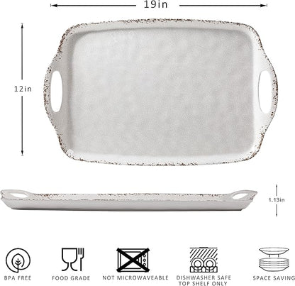 Farmhouse Melamine Serving Tray with Handles, Set of 2, 19"x12" Extra Large Rectangular Turkey Serving Platter, Serving Food Trays for Entertaining, Christmas,Thanksgiving,Party, Ivory