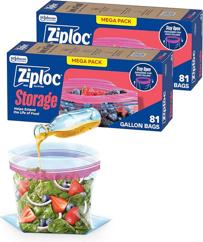 Ziploc Gallon Food Storage Bags, Stay Open Design with Stand-Up Bottom, Easy to Fill, 162 Count (Packaging May Vary)