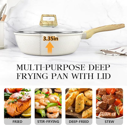 GiPP Nonstick Deep Frying Pan - 11 Inch Saute Pan with Lid Granite Induction Cookware, 4.5Qt Non Stick Woking Pan Skillet, PFOA PFOS APEO Free, White