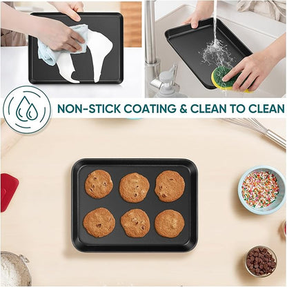 E-far Baking Sheet Set of 2, 10.5" x 8" x 1" Cookie Sheet Pan for Baking, Nonstick Carbon Steel Baking Trays for Toaster Oven, Heat-Resistant & Easy Clean, Black