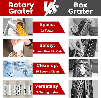 Rotary Cheese Grater with Handle, Kitchen Speed Hand Crank Vegetable Slicer, Potato Hash Brown Shredder Spinning Nut Grinder with 3 Replaceable Stainless Steel Drum Blades (White)