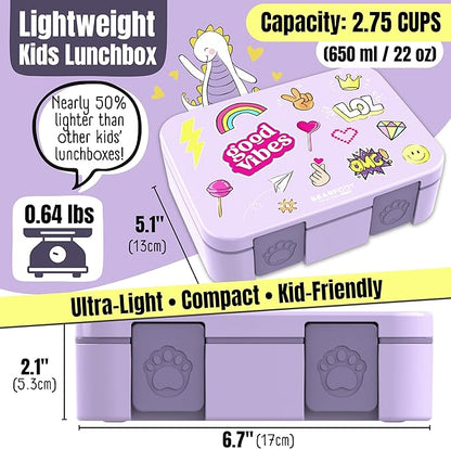 BEARFOOT Kids Lunch Box with Compartments – Compact & Lightweight | Leak-Proof, BPA-Free, Dishwasher & Microwave Safe | Hand-Drawn Design for Preschool, School, Travel (Sticker Purple, 2.75 Cups)
