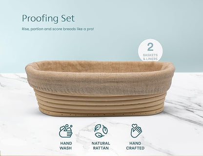 Kook Banneton Bread Proofing Set, Artisan Sourdough Bread Making Kit, 9.8 Inch Rattan Baskets and Liners, Metal & Plastic, Scrapers, Scoring Lame & Case, 4 Extra Blades, Set of 2, Oval