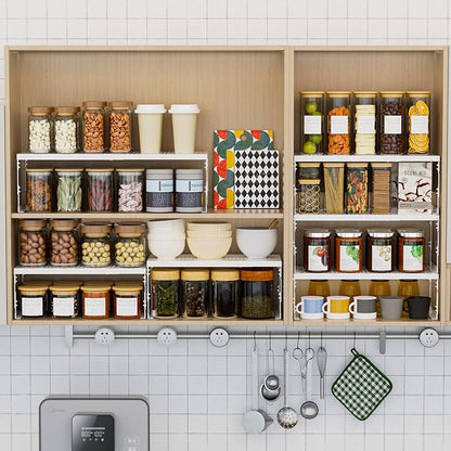 Stackable Expandable Metal Shelf Organizer - Adjustable Wire Storage Rack with Holes for Kitchen, Bathroom, Cabinet, Office - Space Saving, Durable & Sturdy Design（3PACKS/Medium/White