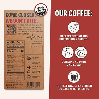 Wandering Bear Organic Mocha Cold Brew Coffee On Tap, Iced Coffee Drink - Extra Strong, Bold, Smooth, No Sugar Added, Shelf-Stable, Ready to Drink,Gluten Free & Vegan -16 Servings of 6fl.oz -96fl.oz