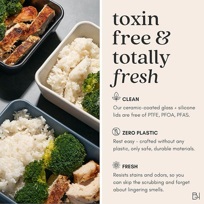 Ceramic Coated Glass Food Storage Container | No PTFE, PFOA, PFAS, and BPA | Reusable Non Toxic Meal Prep Container with Glass Lid | Easy To Store | 6 Piece Food Prep [Pine]