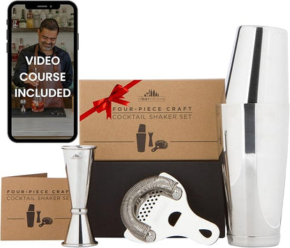 A Bar Above 4-Piece Cocktail Shaker Set, for Professional and Home Bar, Premium Bar Kit Gifts, Includes Strainer, Jigger, Shaker Set, and 4-Hour Cocktail Course