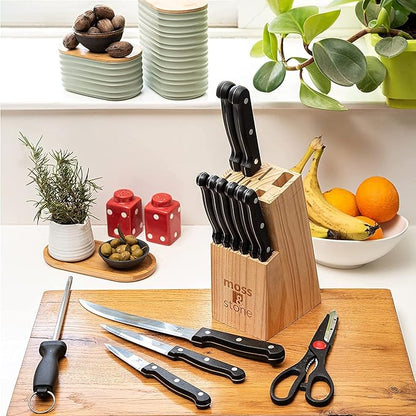 Moss & Stone 14 Pcs Knife Block Set Stainless Steel, Premium Forged Kitchen Knives Set with High-Carbon Blades, Ergonomic Handle, Sharp Blade, Rust Resistant, Modern Style for Home & Chef, Black