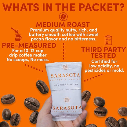 Sarasota Coffee Packs Bulk Ground Packets | Southern Pecan Flavored | Gourmet Assorted Gift Set Sampler | Low Acid Mold Free Individual Pouches for 12 Cup Coffee Maker | 1.75 Oz Bags, 100 Count