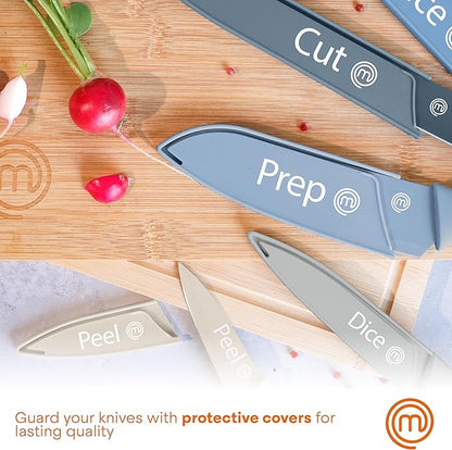 MasterChef Kitchen Knife Set with Covers, 6 Professional Chef Knives for Home Kitchens, Extra Sharp Cutting Stainless Steel Blades & Protective Sheaths, Soft-Touch Easy-Grip Handles, Nordic Blues