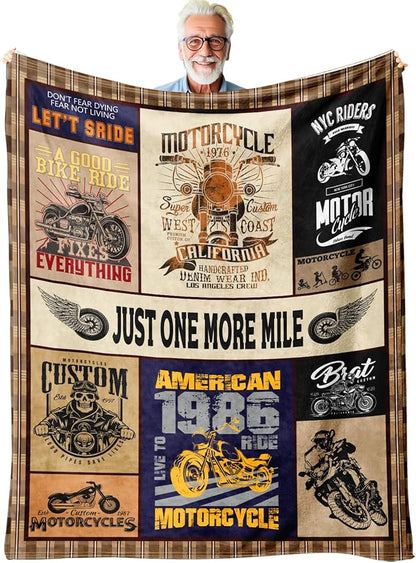 Motorcycle Throw Blanket Gift for Men – Vintage Biker Decor for Man Cave, Garage, Bedroom & Living Room, Chopper Style Sofa Bed Accent, Motorcycle Lovers & Riders, 50'' x 60''