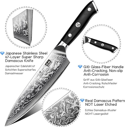 SHAN ZU Damascus Knife Set, Japanese Super Steel 3 PCS Damascus High Carbon Professional Ultra-Sharp Kitchen Chef Knife Set with G10 Handle Gift Box