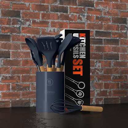 Silicone Cooking Utensils Set - 446°F Heat Resistant Silicone Kitchen Utensils for Cooking,Kitchen Utensil Spatula Set w Wooden Handles and Holder, BPA FREE Gadgets for Non-Stick Cookware (Navy Blue)