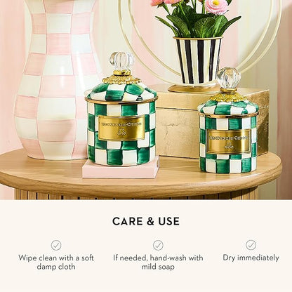 MACKENZIE-CHILDS Mini Enamel Canister, Kitchen Storage Container with Lid, Green-and-White Emerald Check