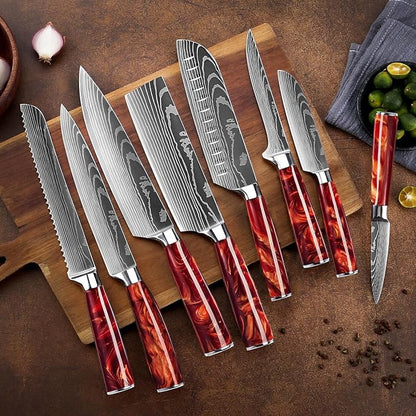 SENKEN 16-Piece Natural Acacia Wood Kitchen Knife Block Set - Japanese Chef's Knife Set with Laser Damascus Pattern, Includes Steak Knives, Kitchen Shears, Santoku, Cleaver & More (Red Resin Handles)
