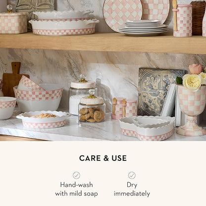 MACKENZIE-CHILDS Ceramic Farmhouse Canister, Kitchen Storage Container with Lid, Pink-and-White Rosy Check