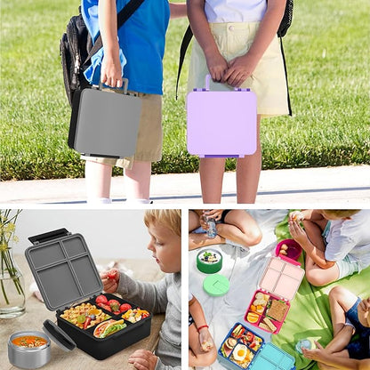 Bento Lunch Box with 8oz Soup Thermo, Leak-Proof Lunch Containers with 4 Compartment, Thermo Hot Food Jar and Insulated Lunch Box for School Black