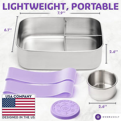 Everusely - Bento Box - Lavender, 47oz / 1.4 L - Stainless Steel Lunch Box with Leakproof Condiment Container - 3 Compartment Snack Organizer for On the Go Meals - Freezer & Dishwasher Safe