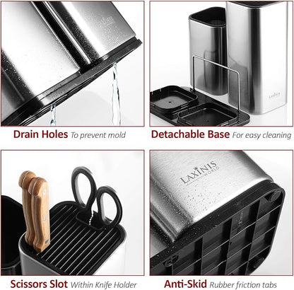 Knife Holder and Utensil Holder - Stainless-Steel Modern Rectangular Design Universal Knife Block and Kitchen Utensils Organizer for Counter-top