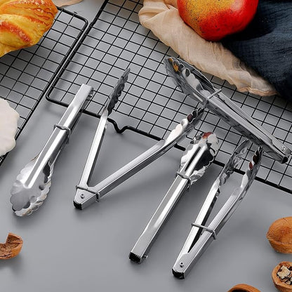 Meanplan 50 Pcs Small Stainless Steel Kitchen Tongs 7 Inch Food Serving Tongs Metal Cooking Clips High Heat Resistant Clips with Sliding Rings for Buffet Food Cooking Salad Grilling, Silver