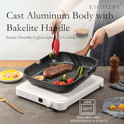 ESLITE LIFE 9.5 Inch Nonstick Grill Pan for Indoor Cooking, Versatile Induction Square Large Grilling Skillet Steak Pan for Stove Tops, PTFE & PFOA Free, Black