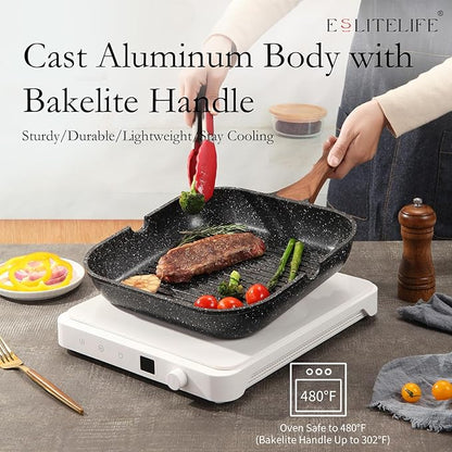 ESLITE LIFE 11 Inch Nonstick Grill Pan for Indoor Cooking, Versatile Induction Square Large Grilling Skillet Steak Pan for Stove Tops, PTFE & PFOA Free, Black