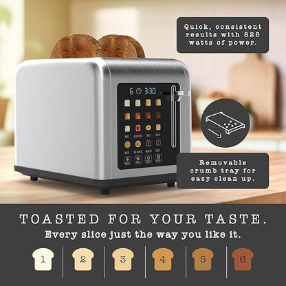 Rae Dunn 2 Slice Smart Toaster, Digital Display, Wide Slots, 8 Browning Levels, 6 Bread Types, 4 Functions (Defrost, Reheat, Cancel, Add Time), 825W Stainless Steel