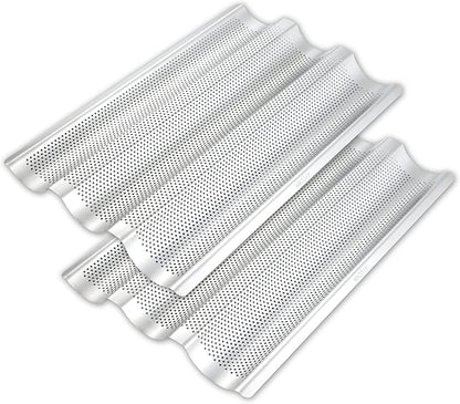 2 Pack Stainless Steel French Baguette Bread Pan, Perforated Loaf Pans for Baking 15"x10", 3 Waves Toaster Oven Baking Tray