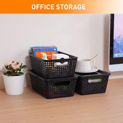 Plastic Storage Baskets With Lid, Storage Bins for Organizing, Stackable Decorative Containers for Shelves Drawers Desktop Closet Playroom Classroom Office, 6 Pack-Black
