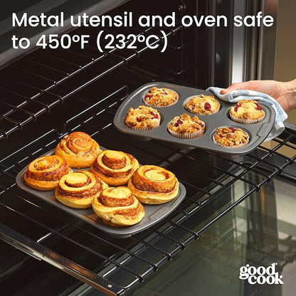 GoodCook Set of 2 Everyday Nonstick Steel Muffin Pan, 6 cup, Gray
