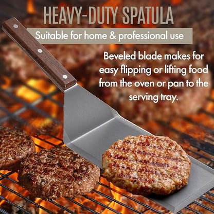 Professional Stainless Steel Extra Long Griddle Spatula with Wood Handle for Skillets,Thick Steel Blade Griddles & Pancake Flipper for Burgers, Omelet, and Versatile for Culinary Task, 8 x 4 inches