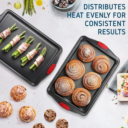 Baking Sheet Set, 2-Piece Large Cookie Sheet Set with Silicone Handles, Steel Baking Pan, Baking Sheets for Oven, BPA Free Nonstick Set, Half Sheet Pans, Black Baking Tray