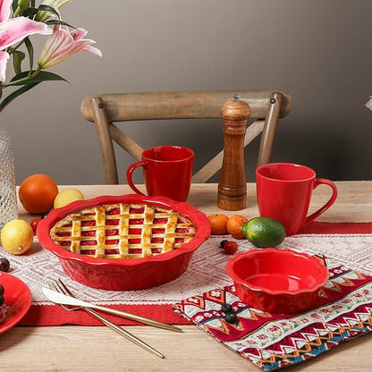 Vicrays Ceramic Pie Pan for Baking - 5.5 inch Small Pie Plates Deep Dish Round Pot Casserole Mini Serving Bowl - Microwave Oven Safe for Dessert Apple Pie Cake Tart Pizza Set of 6 - Red