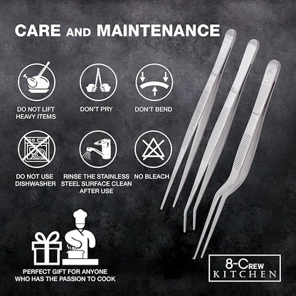 8-CREW KITCHEN Culinary Stainless Steel Tweezers, 6-inch Set of 3 Chef Precision Tongs for Plating, Decorating, Food Design, Bar and Multi-Purpose