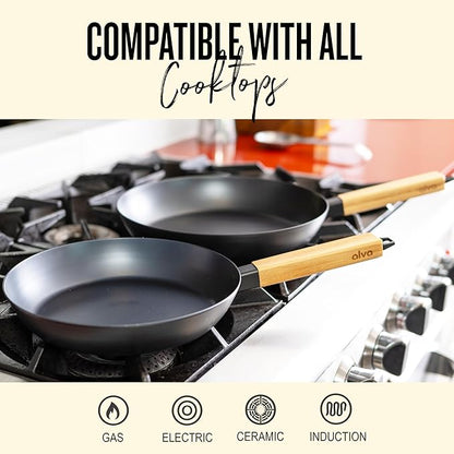 Alva Forest 4-Piece Carbon Steel Frying Pan Set – Naturally Nonstick, Pre-Seasoned, with Acacia Wood Handle, Made Without PTFE, PFOA, PFAS – Sustainable Belgian Design, Induction & All-Stovetop Safe